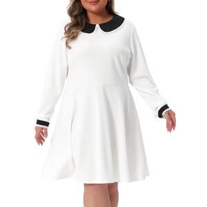 Plus Size Long Sleeve Doll Collars Peter Pan Flare Midi Dress White